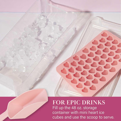 Paris Hilton Heart Shaped Mini Ice Cube Tray Set, Includes 3 Mini Ice Cube Molds, Ice Bin Storage Container with Lid and Ice Scoop, Made without BPA, 6-Piece Set, Pink