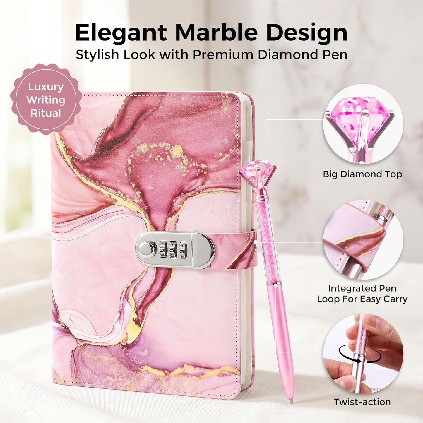 Koogel Diary with Lock for Girls Ages 8-12, A5 Journal with Lock 240 Pages, Kids Locking Secret Diary Writing Journal with Pen, Cute Birthday Gifts Stuff for Teen Tween Girls Age 8 9 10 11 12, Pink