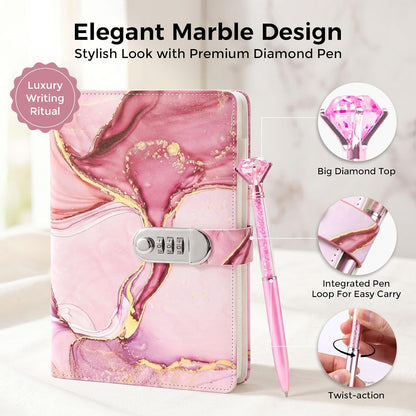 Koogel Diary with Lock for Girls Ages 8-12, A5 Journal with Lock 240 Pages, Kids Locking Secret Diary Writing Journal with Pen, Cute Birthday Gifts Stuff for Teen Tween Girls Age 8 9 10 11 12, Pink