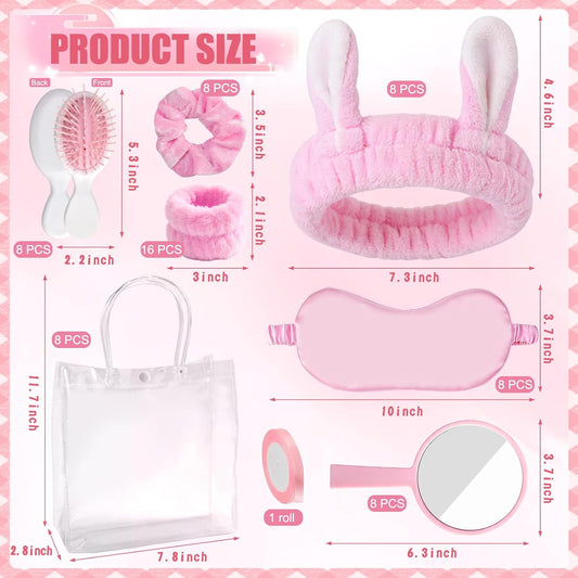 65 Pcs Pink Spa Party Supplies for Girls and Women with Gift Bags, Headband Eye Mask Mirrors Wristband Scrunchie Comb, Sleep Over Party Favors, Birthday Sleepover Slumber Day Essentials Kit
