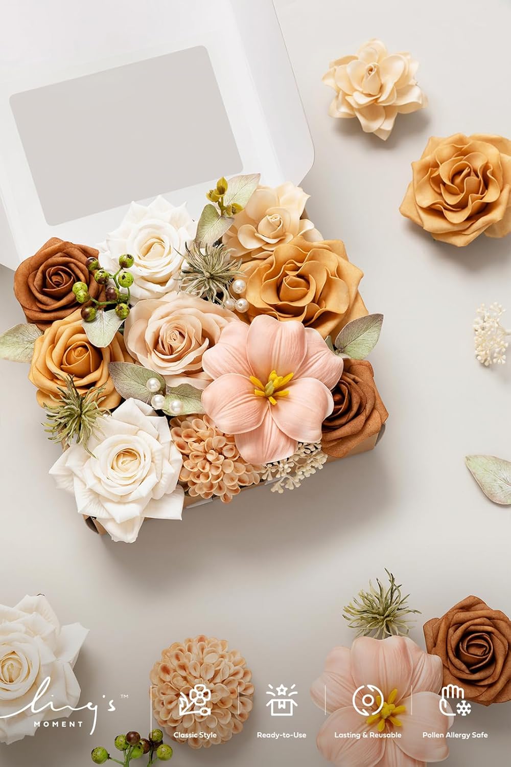 Ling's moment Fake Flowers Box, Faux Artificial Greenery Stems Foam Roses Dahlia Gardenia Tulip Silk Fabic Flower for Centerpieces Bouquet Wedding Vase Decorations, Apricot & Peach, Mini Combo