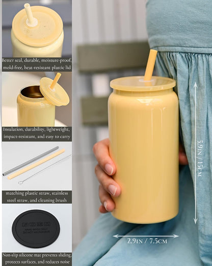 Glass Cups with Lids and Straws, 16oz Stainless Steels Cups, Beer Cups, Iced Coffee Cup, Smoothie Cup, Sublimation Tumbler, Pink (Smooth Polished Finish, Sublimatable)