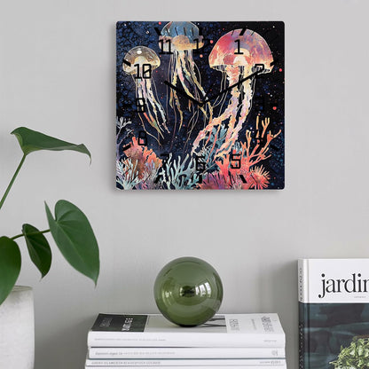 Wall Clock 10in Pink Blue Jellyfish Silent Non Ticking Square Wall Clock Coral Decorative Clock for Living Room Bedroom Office Kitchen Decor