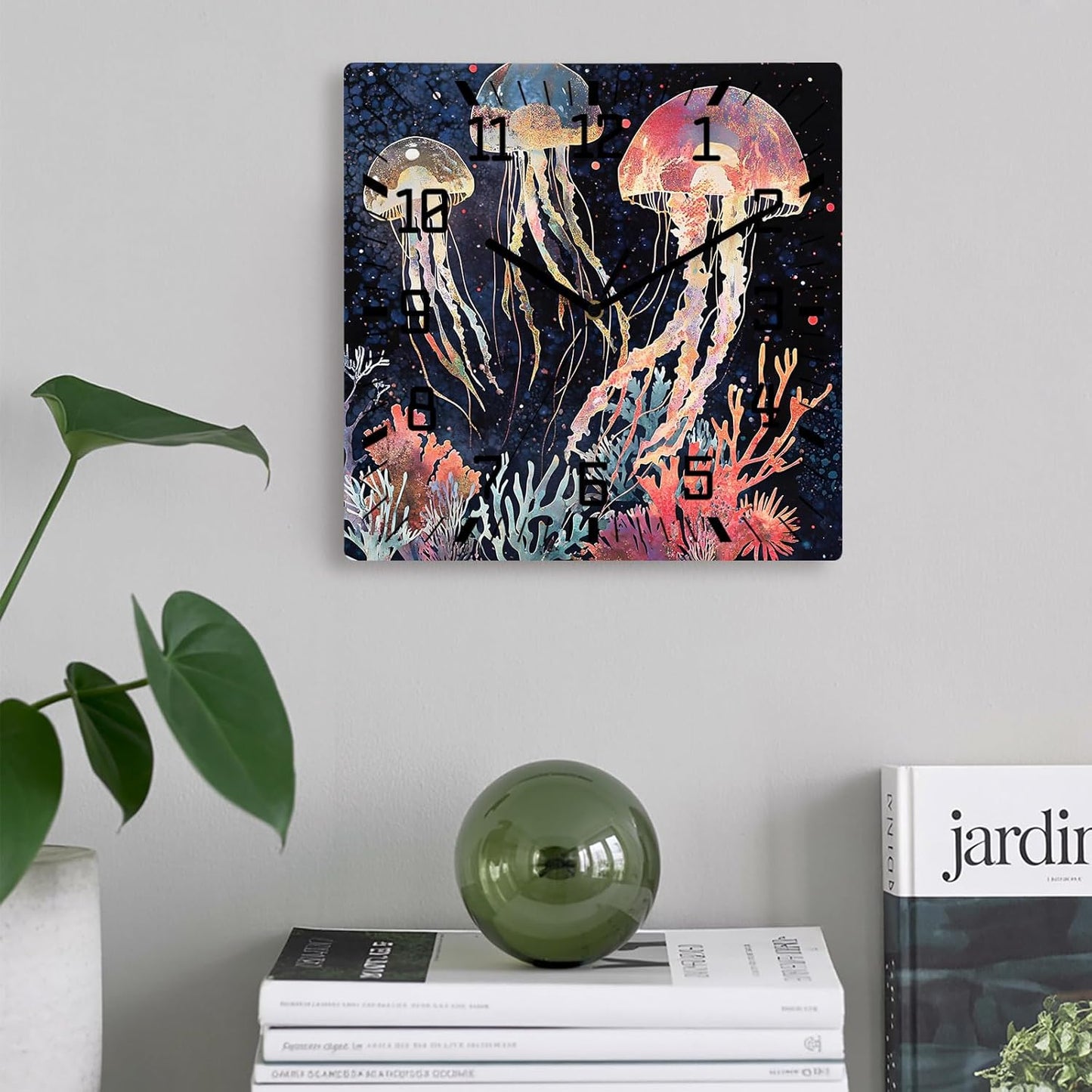Wall Clock 12in Pink Blue Jellyfish Silent Non Ticking Square Wall Clock Coral Decorative Clock for Living Room Bedroom Office Kitchen Decor