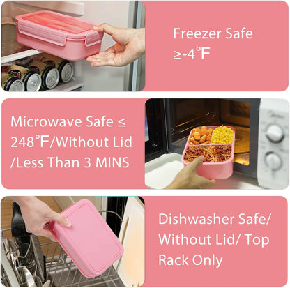 Caperci Classic Bento Box Adult Lunch Box for Older Kids - Leakpoof 47 oz 3-Compartment Lunch Containers for Adults and Teens, Built-in Utensil Set, Ideal for On-the-Go Balanced Eating, Pink