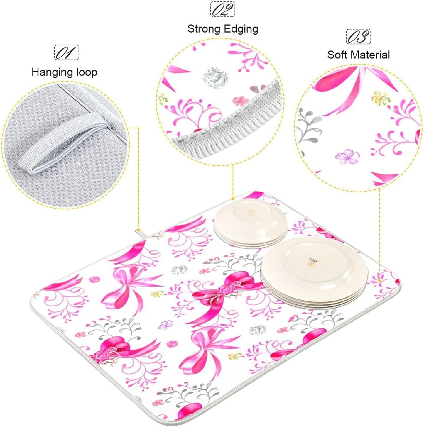 Qilmy Pink Silver Ribbons Bow Dish Drying Mat Absorbent Reversible Dish Drainer Pad Tableware Mat for Kitchen Counter Home Decoration, 16 x 18 Inch