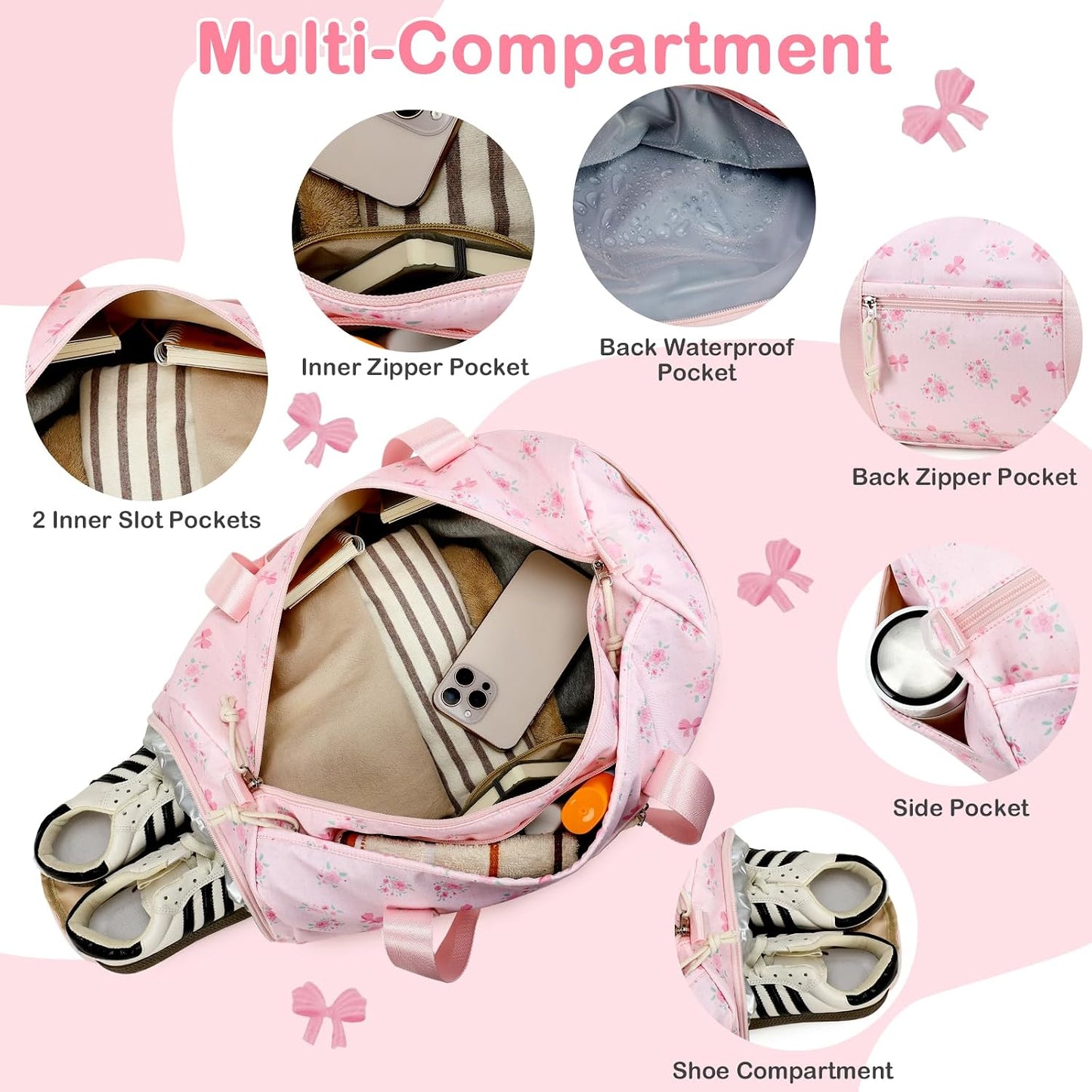 Gym Bag Sports Duffle Bags with Wet Pocket Weekender Overnight Bag with Shoe Compartment and Air Hole for Girls Kids Women Workout Travel Bags (Bow Flower-Pink)