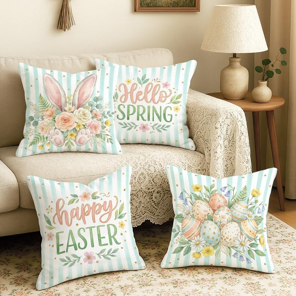 Bunny Throw Pillow Covers Set of 4, Spring Festive Flowers Easter Eggs Easter Pastel Peach Soft Velvet Washable Pattern Pillow Covers for Living Room Bed Office Sofa Chair Decor 16x16 Inch