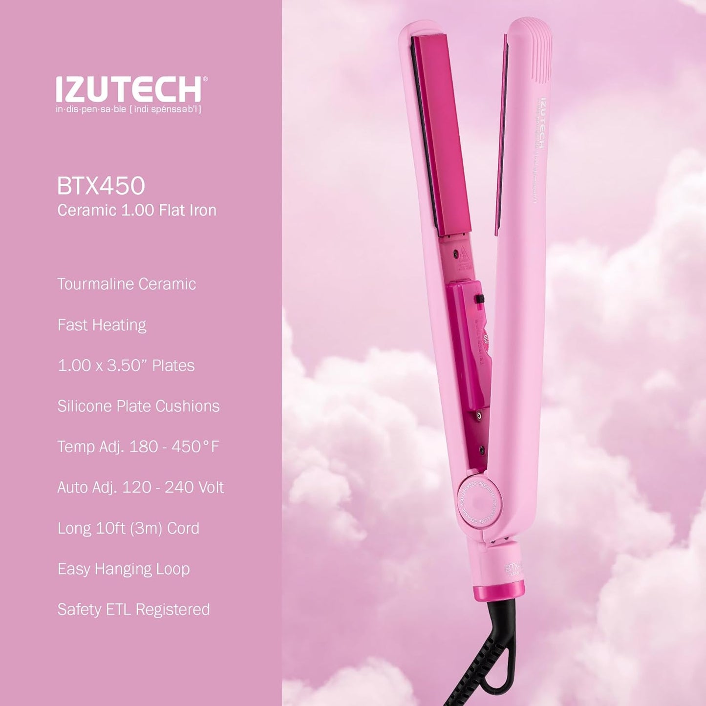 IZUTECH BTX450 1 Inch Tourmaline Ceramic Flat Iron Hair Straightener, Professional Salon Negative Ion Straightener with Adjustable Temperature for All Hair Types, Anti-Frizz High Shine, Pink