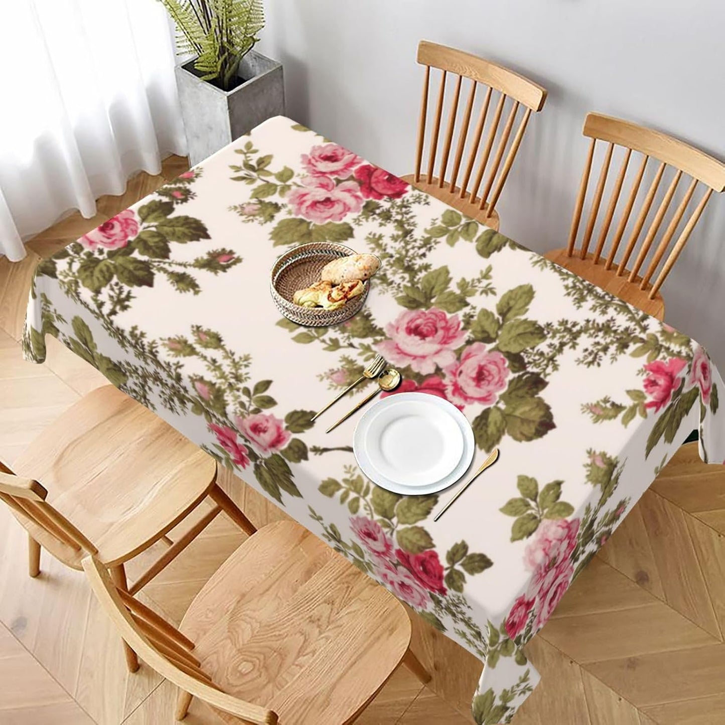 Elegant Vintage Pink Roses-Buff Tablecloth 60 x 90 Inch Washable Polyester Rectangle Table Cover for Party Wedding Picnic Dining