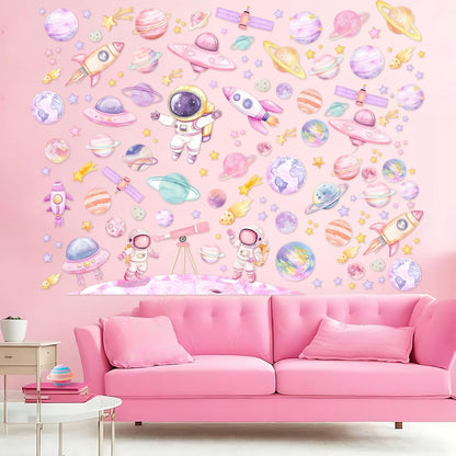 2pcs Outer Space Wall Stickers for Girl Outer Space Wall Decorations Pink Astronaut Planet Decal Solar System Birthday Decoration Galaxy Rocket Cling Sticker Galaxy Astronaut Party Home Decor
