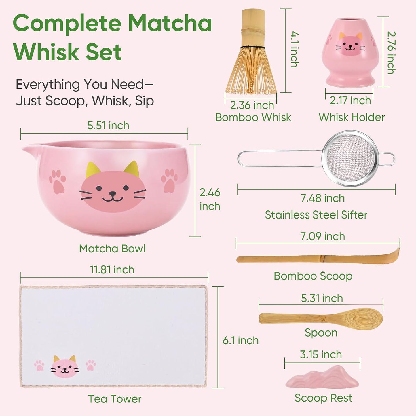 Matcha Whisk Set, 8Pcs Matcha Set for Ceremony, Matcha Whisk and Ceramic Bowl with Matcha Scoop & Sifter and All Accessories for Breakfast, Afternoon Tea, Ideal Gift Christmas, Anniversary
