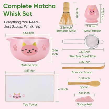 Matcha Whisk Set, 8Pcs Matcha Set for Ceremony, Matcha Whisk and Ceramic Bowl with Matcha Scoop & Sifter and All Accessories for Breakfast, Afternoon Tea, Ideal Gift Christmas, Anniversary