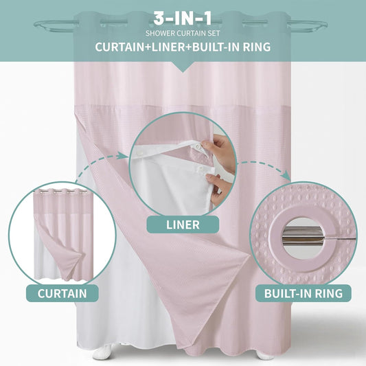 eachope BlushPink No Hook Waffle Weave Shower Curtain with snap-in Liner Replacement, 230GSM Waterproof Fabric Hotel Shower Curtain Set for Bathroom, Through Mesh Top Window,71Wx77H