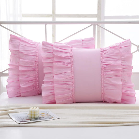 2 Pack Pink Ruffle Pillow Shams Standard Size 20x26 inches, 100% Cotton French Country Rustic Vintage Shabby and Chic Decorative Bed Pillow Shams (Pink 2,20x26 inches)