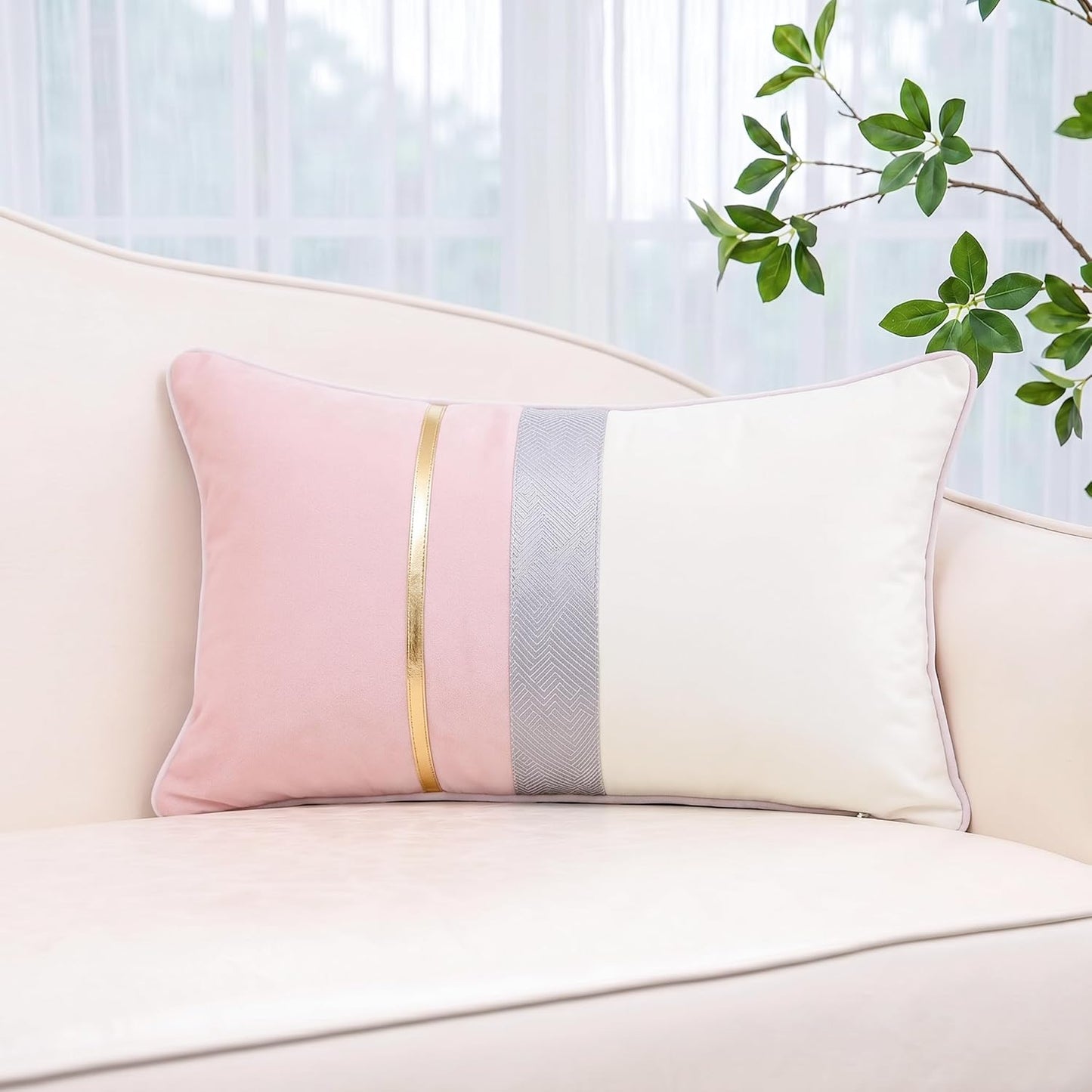 PANOD Patchwork Pink Silk-Like Velvet Throw Pillow Cover with Gold Striped Leather Cushion Case Modern Luxury Lumbar Pillowcase for Sofa Couch Bedroom Living Room Home,12x20 inch