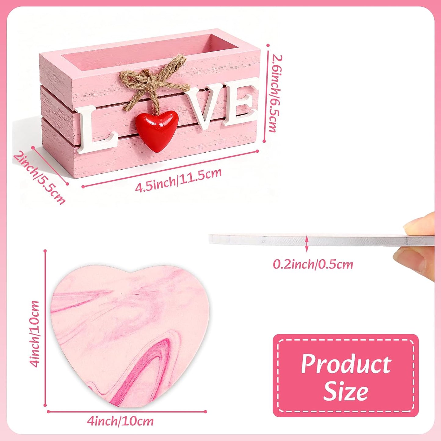 Heart Wooden Cup Coasters Set of 6, Cute Pink Drink Coaster with Holder for Home Table Office Desk, Birthday Gift Ideas for Wife and Girlfriends, Kawaii Pink Living Room Decor for Daughter