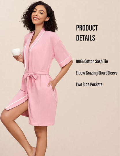 Women's 100% Cotton Robes Summer Lightweight Bathrobe Short Kimono Robe for Women Soft Loungewear with Pockets