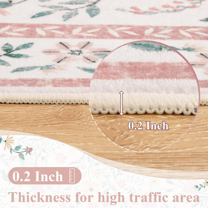 SHACOS 4x6 Boho Area Rugs for Living Room, Machine Washable Floral Carpet for Bedroom Non Slip Soft Nursery Rugs for Kids Room Dining Room Entryway Indoor, Pink