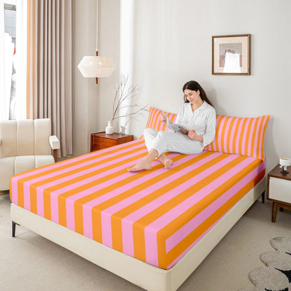 Kids Pink Orange Bedding Twin Size Abstract Fitted Sheet with 1 Pillowcases for Boys Girls Teens Bedroom Decor Stripes Bed Sheets Set 16" Deep Pocket Breathable Soft Microfiber Women Men Geometric