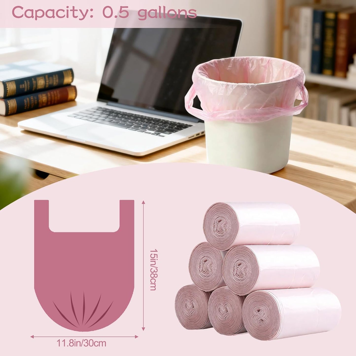 0.5 Gal Trash Bags,Mini Strong Garbage Bags for Mini Desktop Trash Can,180 Counts(6 Rolls),with Handle (Pink)