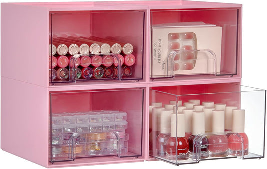 Vtopmart 4 Pack Small Clear Stackable Storage Drawers, Acrylic Bathroom Makeup Organizer, Plastic Storage Bins For Vanity, Undersink, Kitchen Cabinets, Pantry, Home Organization,Pink