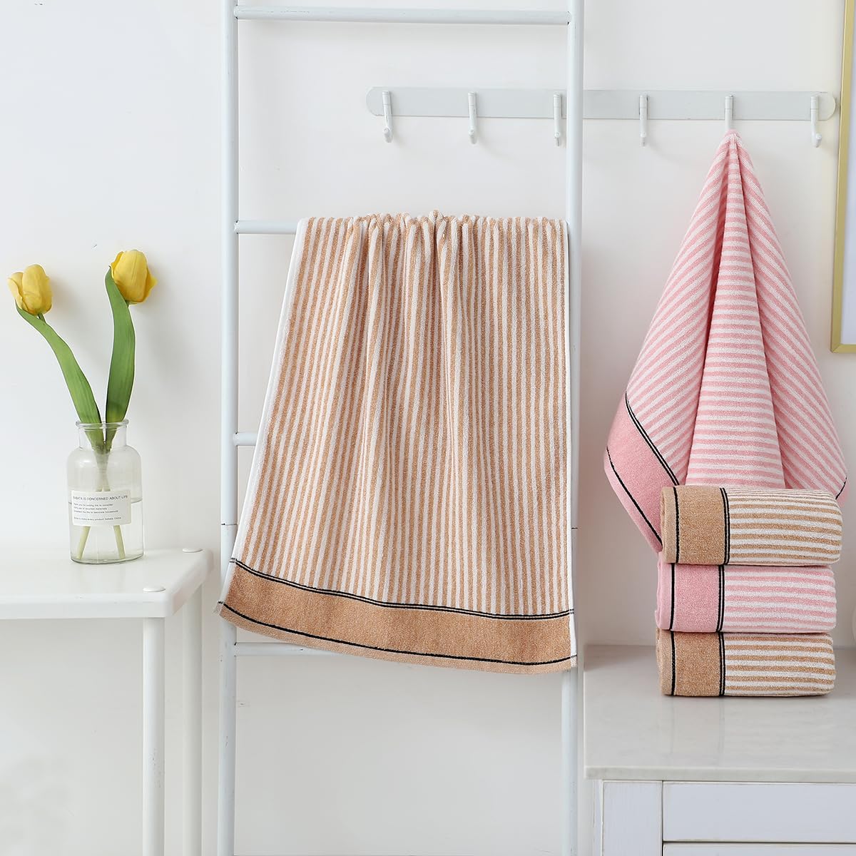 Pidada Hand Towels Set of 2 100% Cotton Striped Pattern Absorbent Soft Decorative Towel for Bathroom (Pink)
