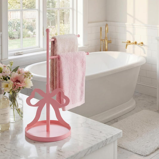 Chumia Pink Bow Towel Holder for Bathroom, F-Shape Cute Pink Hand Towel Stand with 2 Swivel Arm and Base, Coquette Jewelry Storage Standing Towels Bar for Women Girls Bathroom Kitchen Countertop