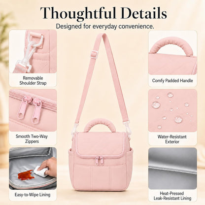 Pink Lunch Bag for Women, Insulated Cute Quilted Lunch Box, Lightweight Puffy Padded Leakproof Lunch Cooler Tote, Reusable Large Thermal Lunch Bag for Work Picnic Travel (Pink-M)