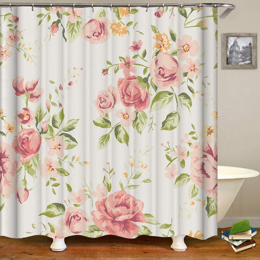 Watercolor Vintage Floral Shower Curtain, Blush Pink Peach Rose Blossom, 72 x 72 Inches Polyester Fabric Valentine Bathroom Decor Set with 12 Hooks