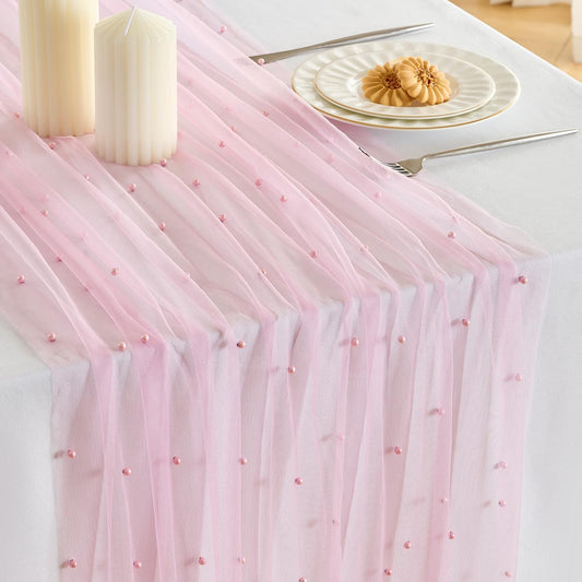 Fanami 1 Pack Pearl Table Runner -10FT Blush Pink Boho Tulle Table Runners 120 Inches Long Rustic Sheer Lace Fabric Centerpieces for Wedding Arch Birthday Party Bridal Veil Baby Shower Decorations