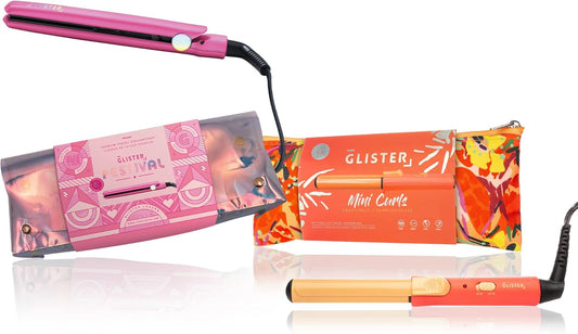 Glister Mini Travel Items with Carrying Pouch, Salon-Grade Travel Flat Iron, Curler, Flat Iron, Curling Wand, for Normal, Thin, Dry, and Frizzy Hair, Holiday Gift for Girls or Guys (Orange & Pink)