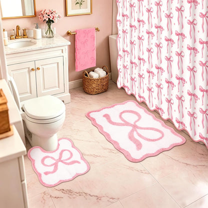 JarThenaAMCS 17Pcs Pink Bow Shower Curtain Set with 12 Decorative Shower Curtain Hooks 2 Bathroom Towels Coquette Non Slip Absorbent Rug U-Shaped Toilet Rug for Christmas Modern Aesthetic Bathroom