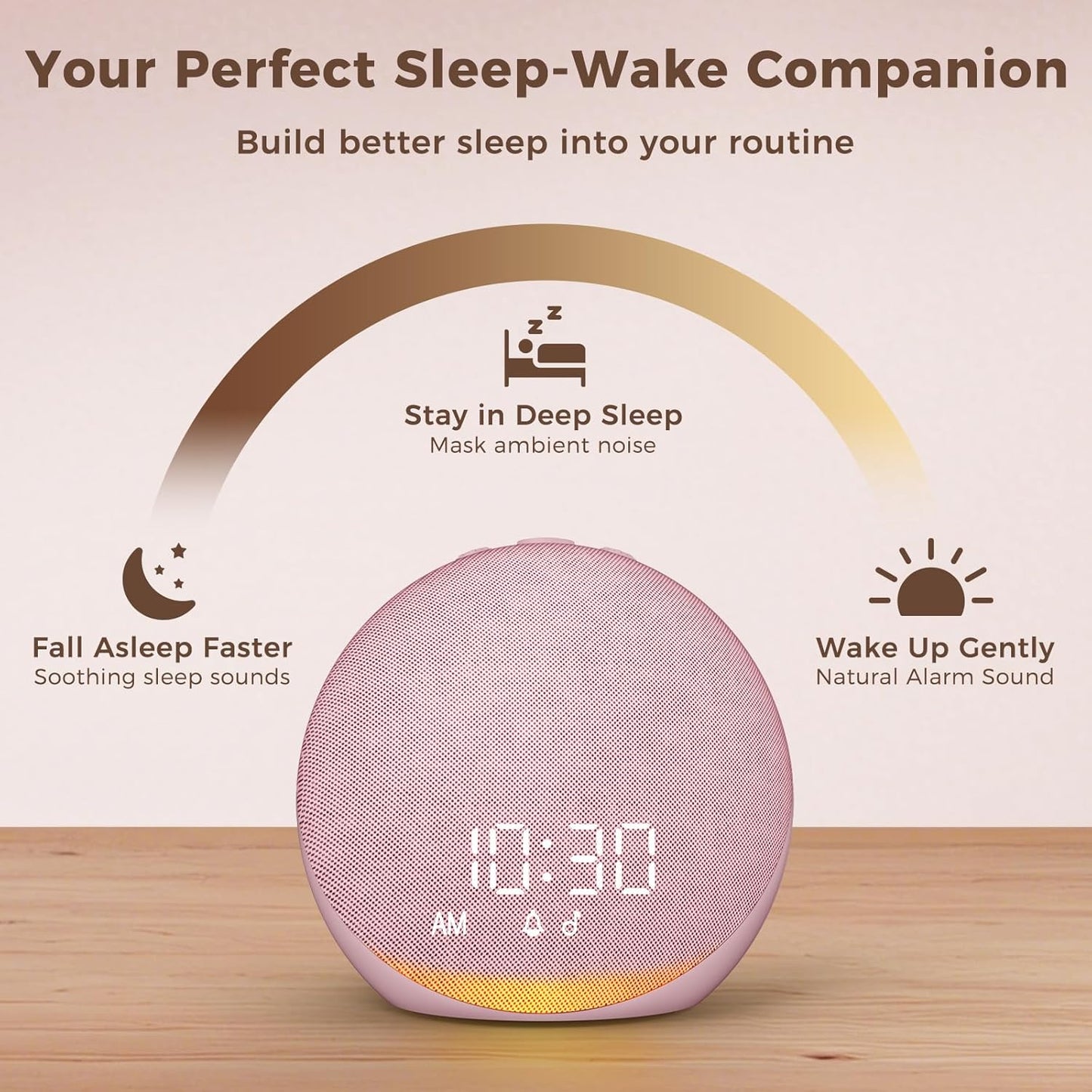 Acedeck Sound Machine Alarm Clock for Bedroom: 25 Natural Sleep Sounds - White Noise Machine for Adults Kids Baby - Gentle Wake Up Alarm with Bluetooth Speaker - Pink