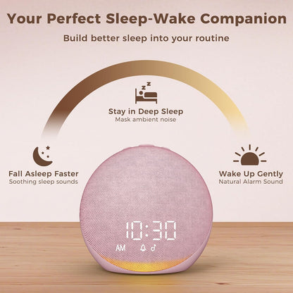 Acedeck Sound Machine Alarm Clock for Bedroom: 25 Natural Sleep Sounds - White Noise Machine for Adults Kids Baby - Gentle Wake Up Alarm with Bluetooth Speaker - Pink
