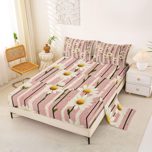 Manfei Stripe Daisy Bed Sheet Floral Cottagecore Bedding Sets (1 Fitted,1 Flat,2 Pillowcases) Sweet Girly Leaves Stems Luxury Deep Pocket Bed Sheets Kids Boys Girls Queen Peach Pink