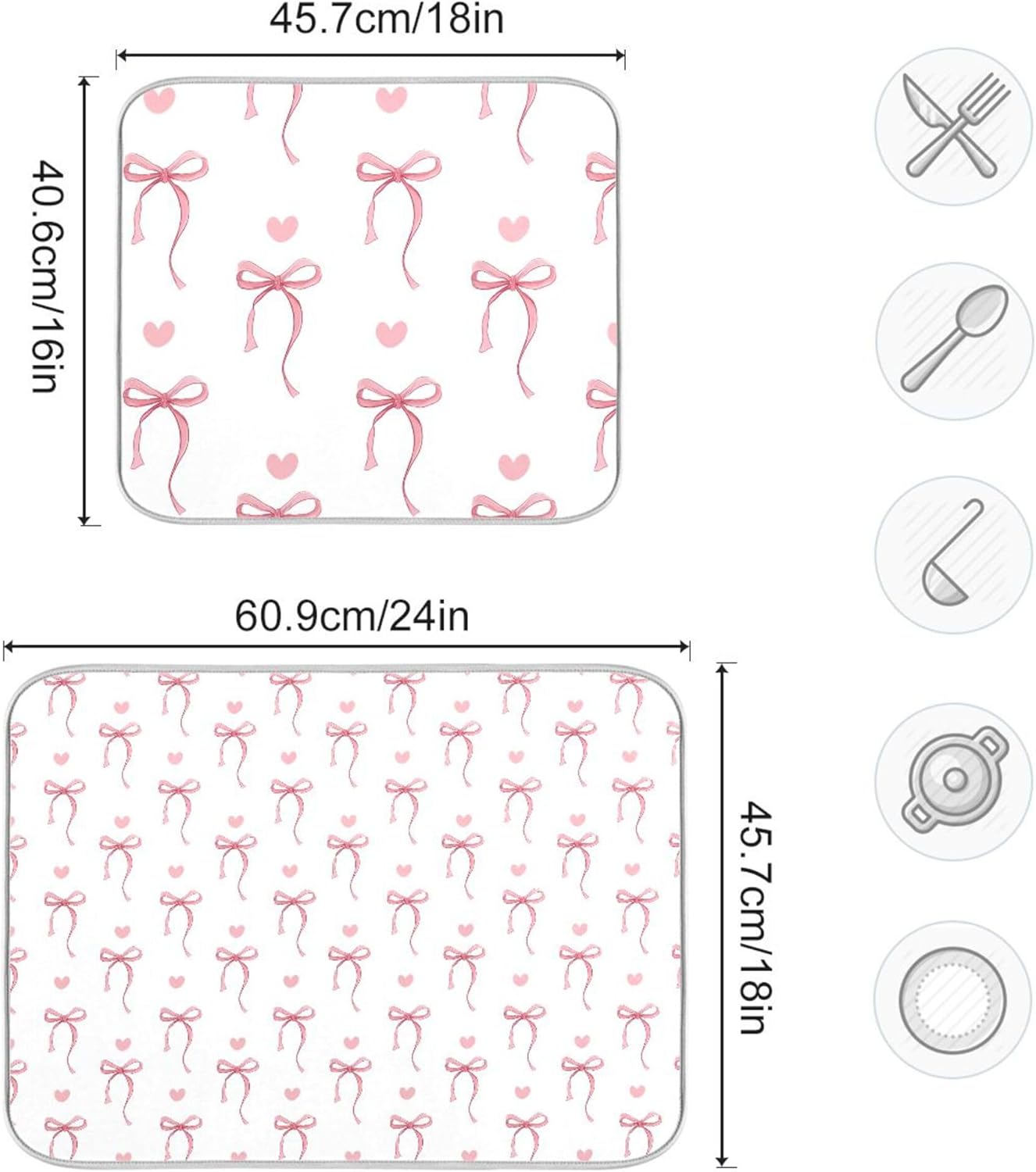 Pink Ribbon Bow Dish Drying Mat Quick Absorbent 16x18 Cute Bow Tie White Kitchen Drying Mat for Countertop Sink Reusable Dishes Mats Kitchen Essentials