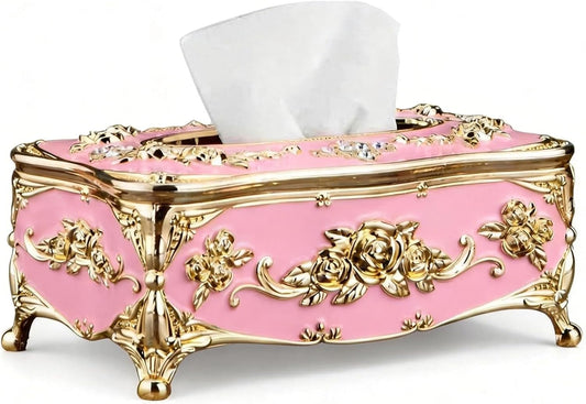 Moorfowl Vintage European Tissue Box Cover with Rose Pattern and Rhinestones Decor Elegant Rectangle Tissue Box Holder for Bathroom Vanity Countertop, Bedroom Dresser, Nightstand (Gold Pink)