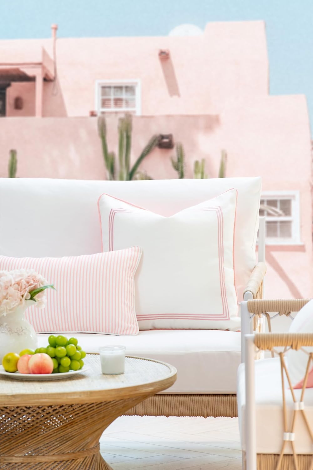 Hofdeco Premium Coastal Patio Indoor Outdoor Lumbar Pillow Cover Only, 12"x20" Water Repellent for Backyard, Couch, Blush Pink Stripe