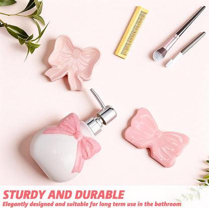Pink Bow Ceramic Bathroom Accessories Set 3 Pcs for Countertop, Soap Dispenser, Toothbrush Holder, Soap Holder, Bathroom Sink Decor for Modern Home Decor