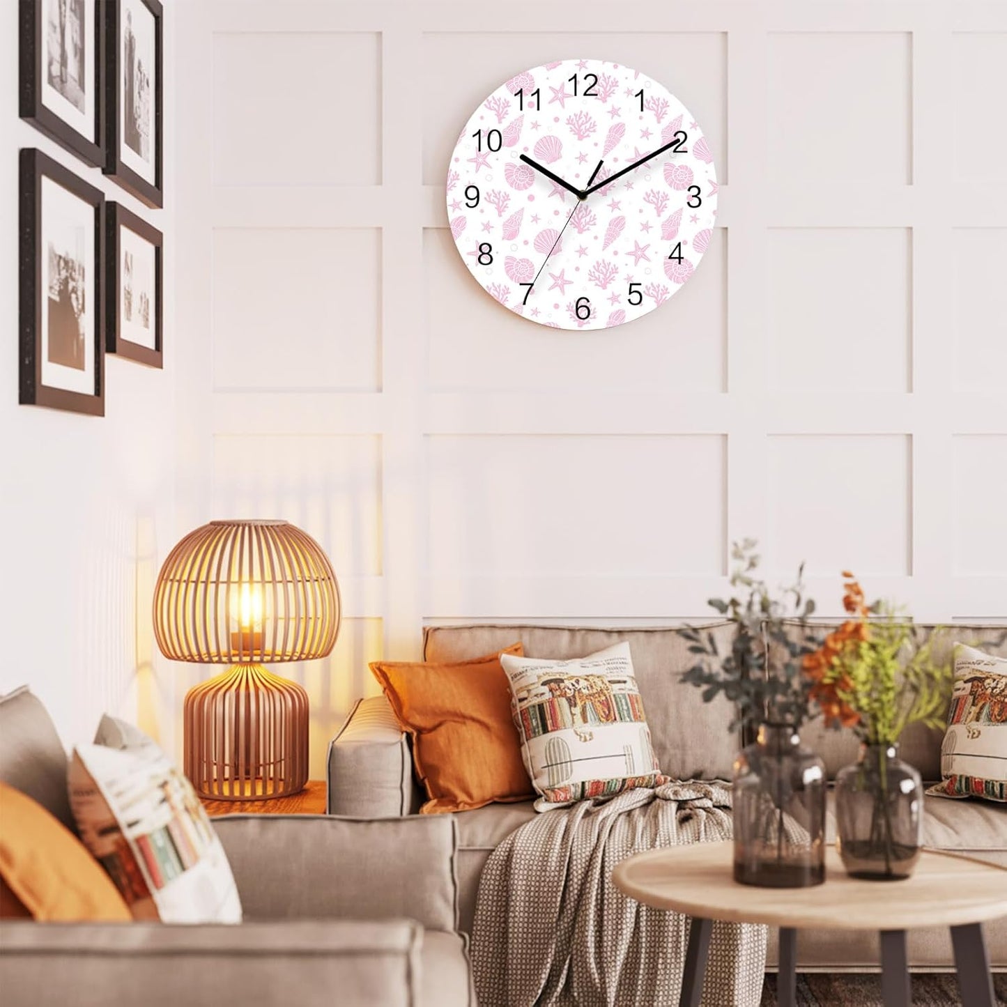 Marine Life Wall Clock Battery Operated Non-Ticking 10" Round Wood Clocks, Pink Ocean Coral Shell Starfish Kitchen Wall Clock for School Bathroom Living Room Home Office Wall Decor