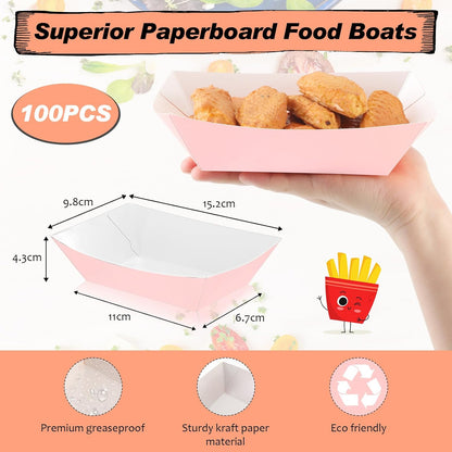 Yinkin 100 Pcs 2lb Paper Food Trays Boat 2lb Disposable Nacho Trays Kraft Paper Boat for Tacos Concession Easter Graduation Birthday Wedding Christmas Halloween Valentine Party Supplies(Light Pink)