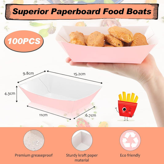 Yinkin 100 Pcs 2lb Paper Food Trays Boat 2lb Disposable Nacho Trays Kraft Paper Boat for Tacos Concession Easter Graduation Birthday Wedding Christmas Halloween Valentine Party Supplies(Light Pink)