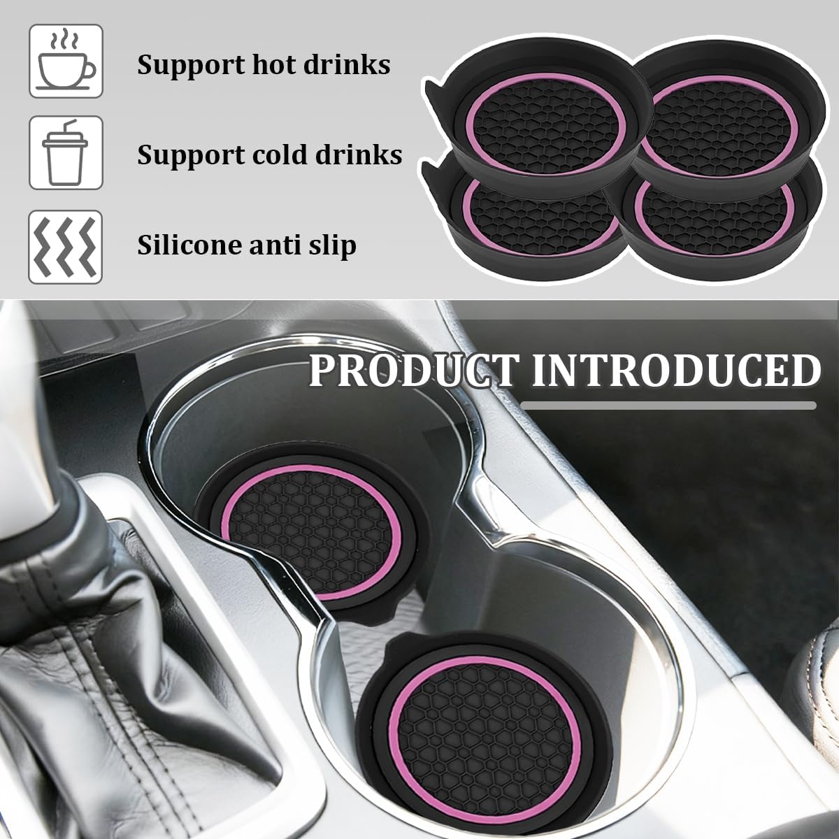4PCS Car Cup Holder Coasters, Silicone Anti-Slip Vehicle Cup Recessed Mats, Sift-Proof Automotive Interior Insulation Drink Cup Pad Accessories, Universal Fit (Pink/Black)