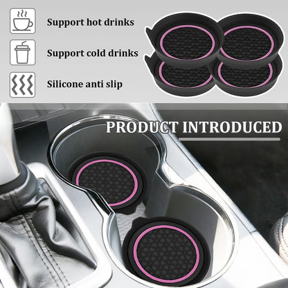 4PCS Car Cup Holder Coasters, Silicone Anti-Slip Vehicle Cup Recessed Mats, Sift-Proof Automotive Interior Insulation Drink Cup Pad Accessories, Universal Fit (Pink/Black)