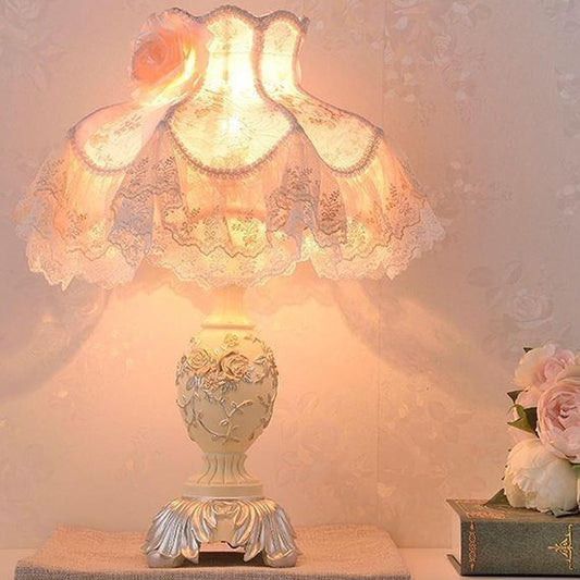 Vintage Pink Table Lamp,Victorian Style Table Nightstand with Lace,Princess Bedside Lamps,Pleated Fabric Shade Desk Lamp,Antique Flower Night Light for Bedroom (Size:32 * 55cm,Color:A)