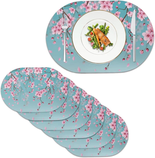 Poceacles 6 PCS Tablemats Non-Slip Oil-Proof Oval Kitchen Table Mats Heat Resistant PU Leather Table Mats for Home Farmhouse Round Table, 12 x 18 Inch, Peach Blossom