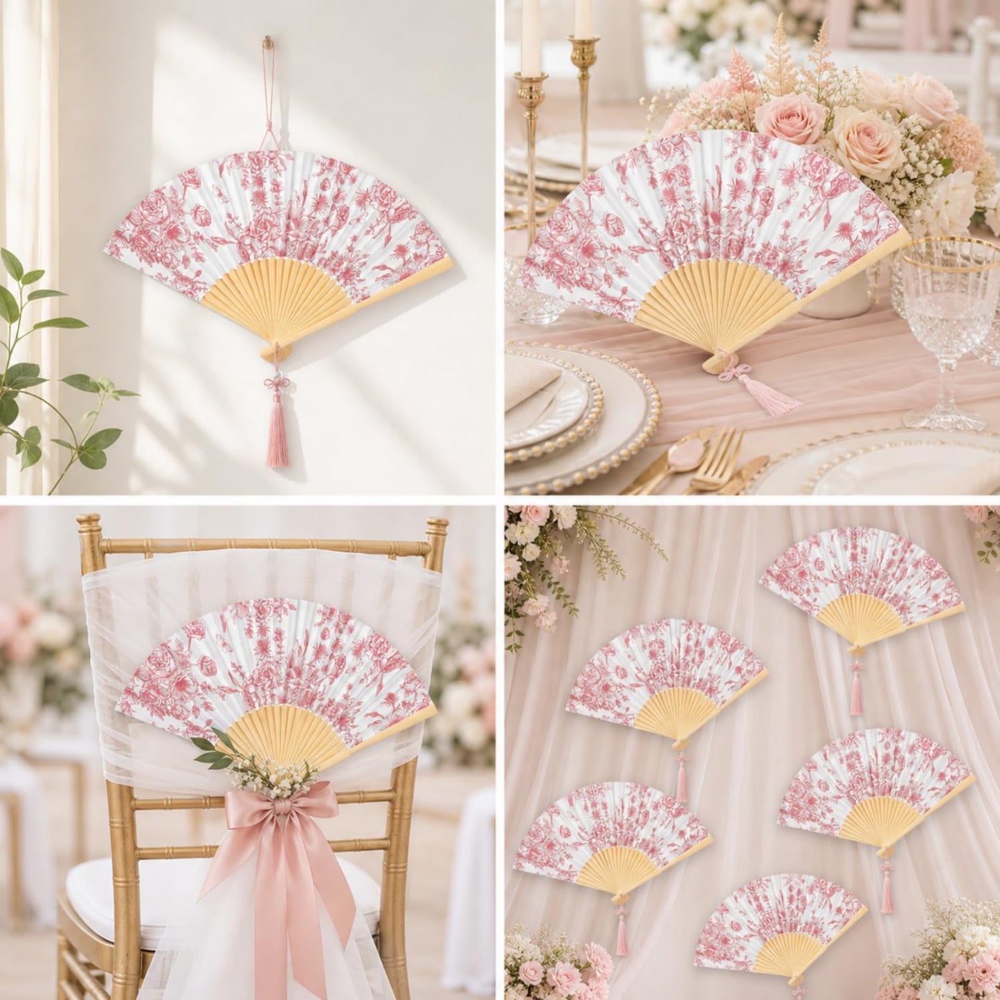 Vercraft 25 Sets Pink Flower Hand Folding Fans with Organza Bags Bulk, Guests Pink Floral Paper Fans Wedding Favors Decorations for Bridal Shower Garden Wedding Bridesmaid Party Gift