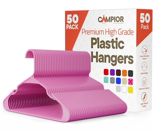 Pink Plastic Hangers 50 Pack– Heavy-Duty Plastic Hangers Slim and Space-Saving, Durable and Lightweight PP with Non-Slip Shoulder Notches for Slip Dresses, Suits, Jackets & Camisoles