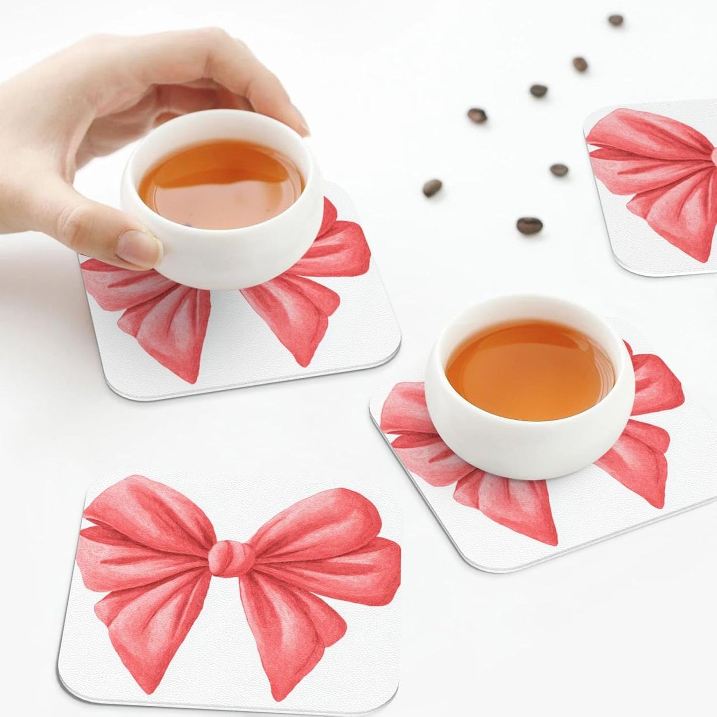 Watercolor Cute Bow Light Red and Pink Drinks Coasters Set of 4 Leather Drink Coasters for Tabletop Protection Heat Resistant Bar Cup Mat Pad